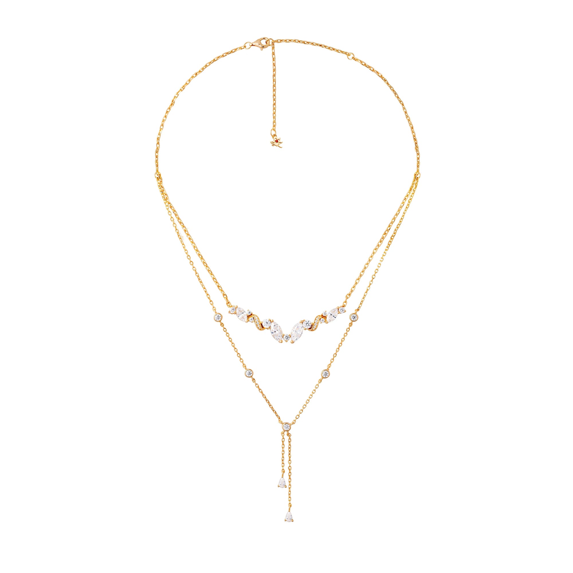Gold necklace with small beads on a white background