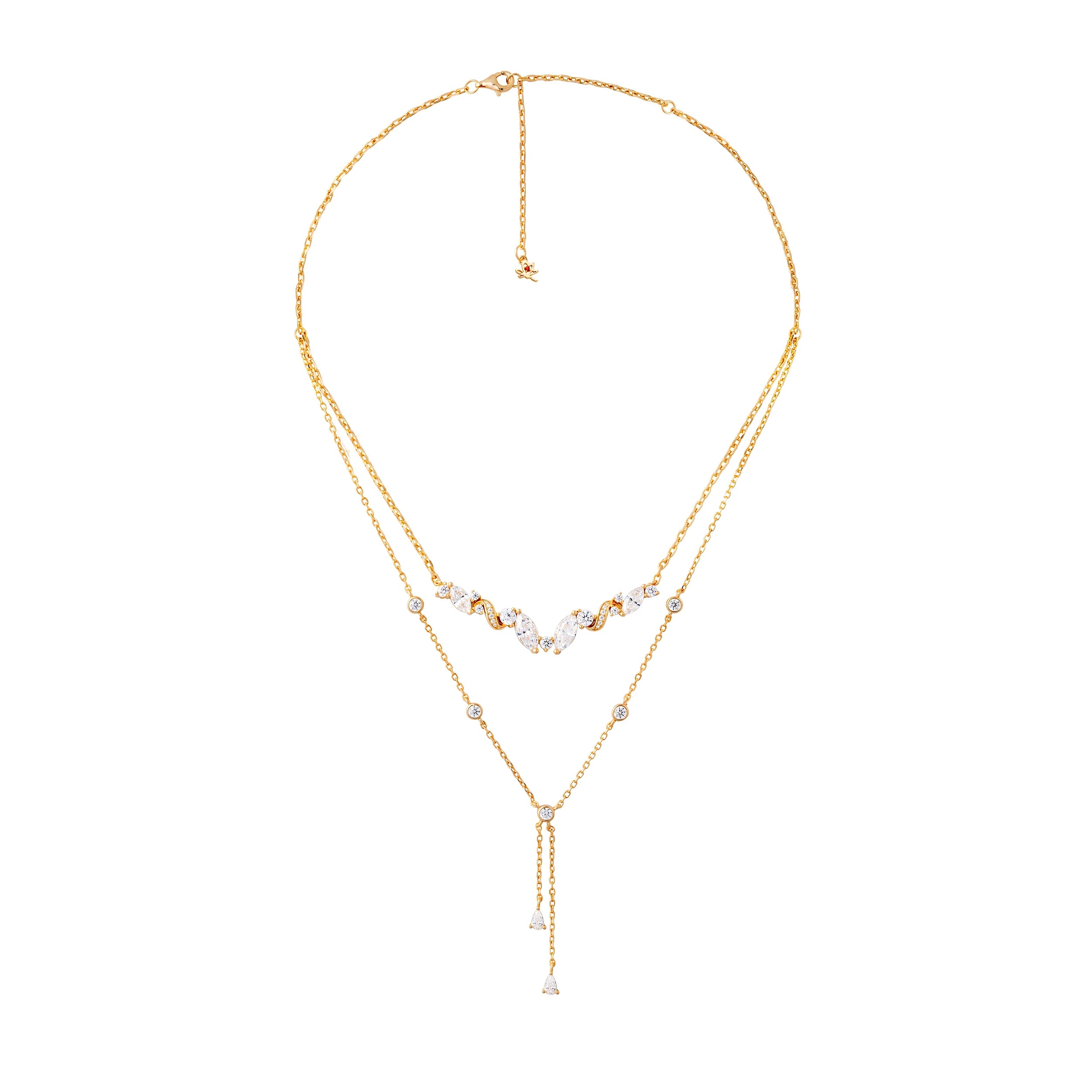 Gold necklace with small beads on a white background
