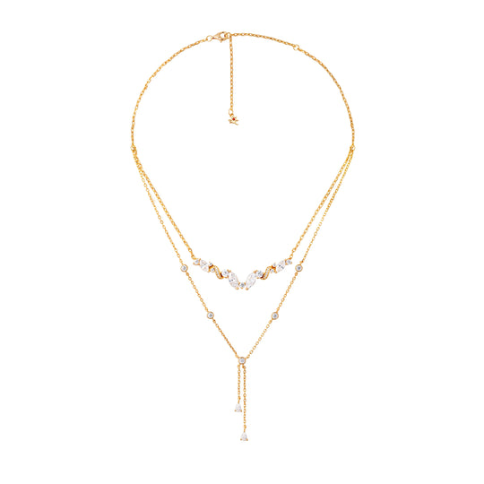Gold necklace with small beads on a white background