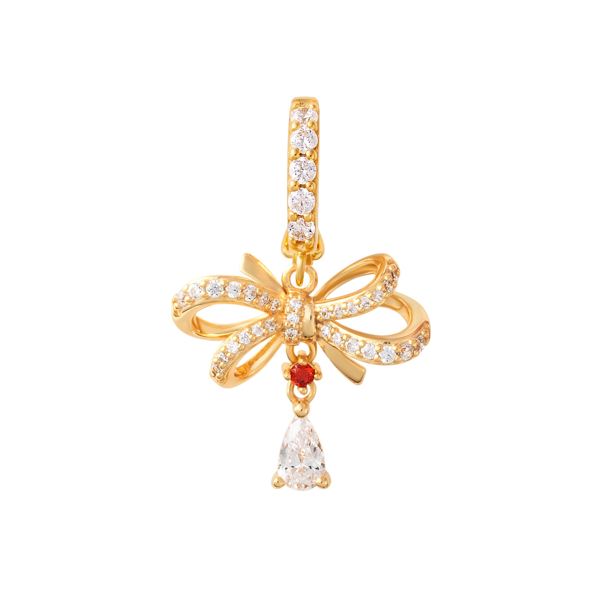 Gold bow-shaped pendant with a red gemstone and teardrop-shaped diamond on a white background