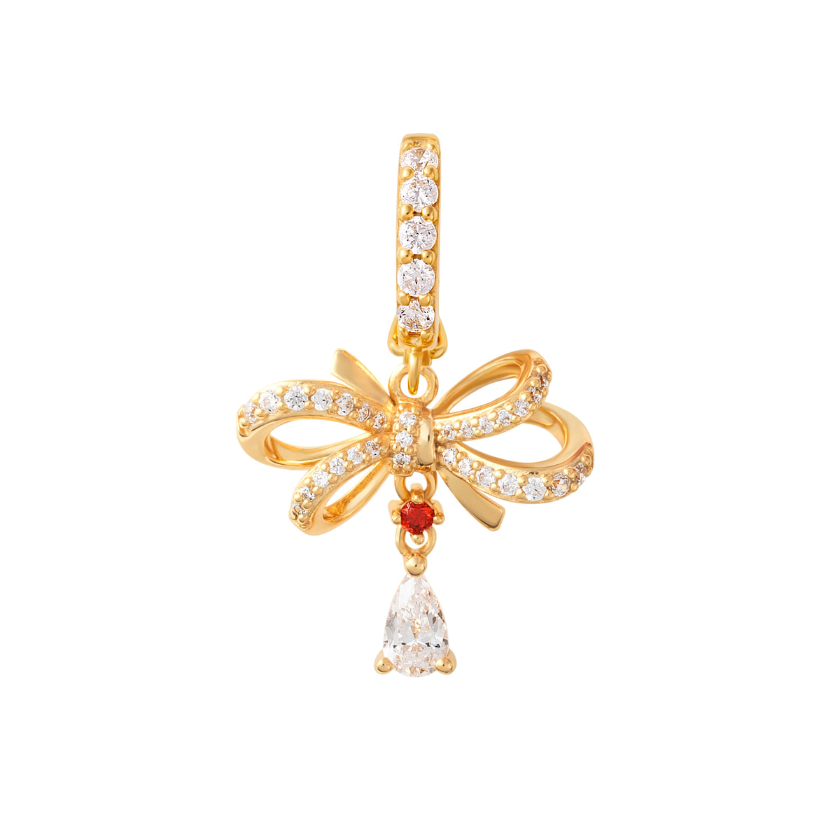 Gold bow-shaped clip-on charm with a red stone and dangling clear teardrop stone on a white background
