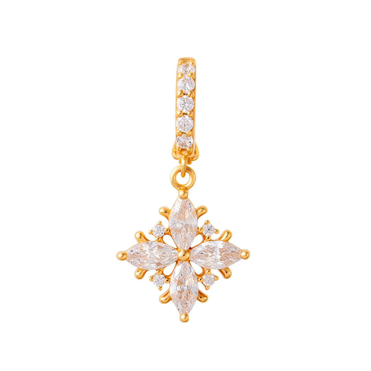 Gold floral clip-on charm with clear marquise-cut stones on a white background