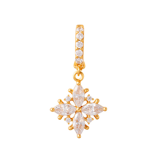 Gold floral clip-on charm with clear marquise-cut stones on a white background