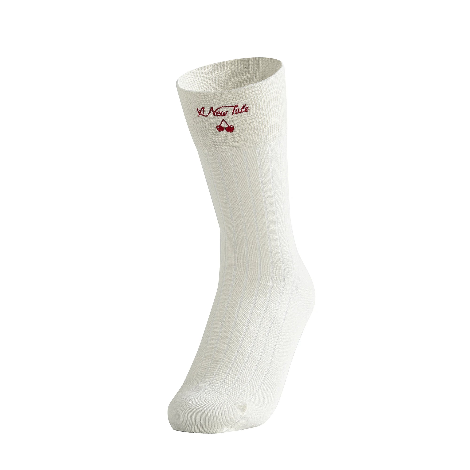 White sock with red text and cherry design on a white background