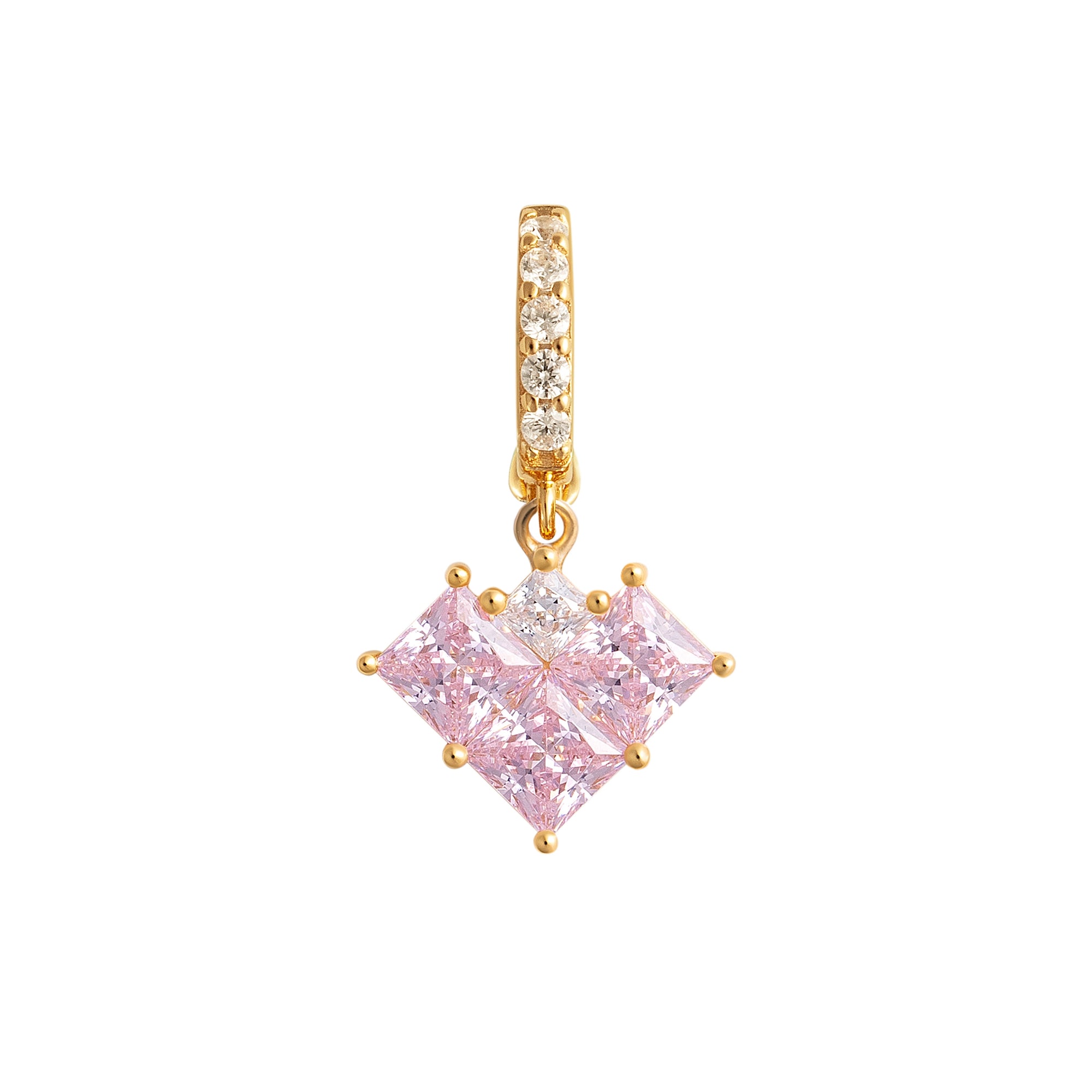Gold pendant with pink gemstone on a white background