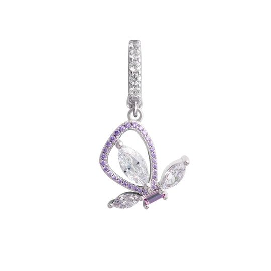 Butterfly-shaped jewelry pendant with purple and clear stones on a white background