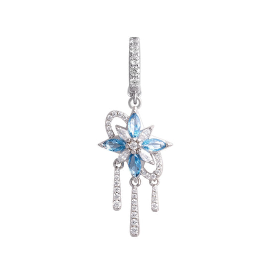 Silver pendant with blue gemstone on a white background