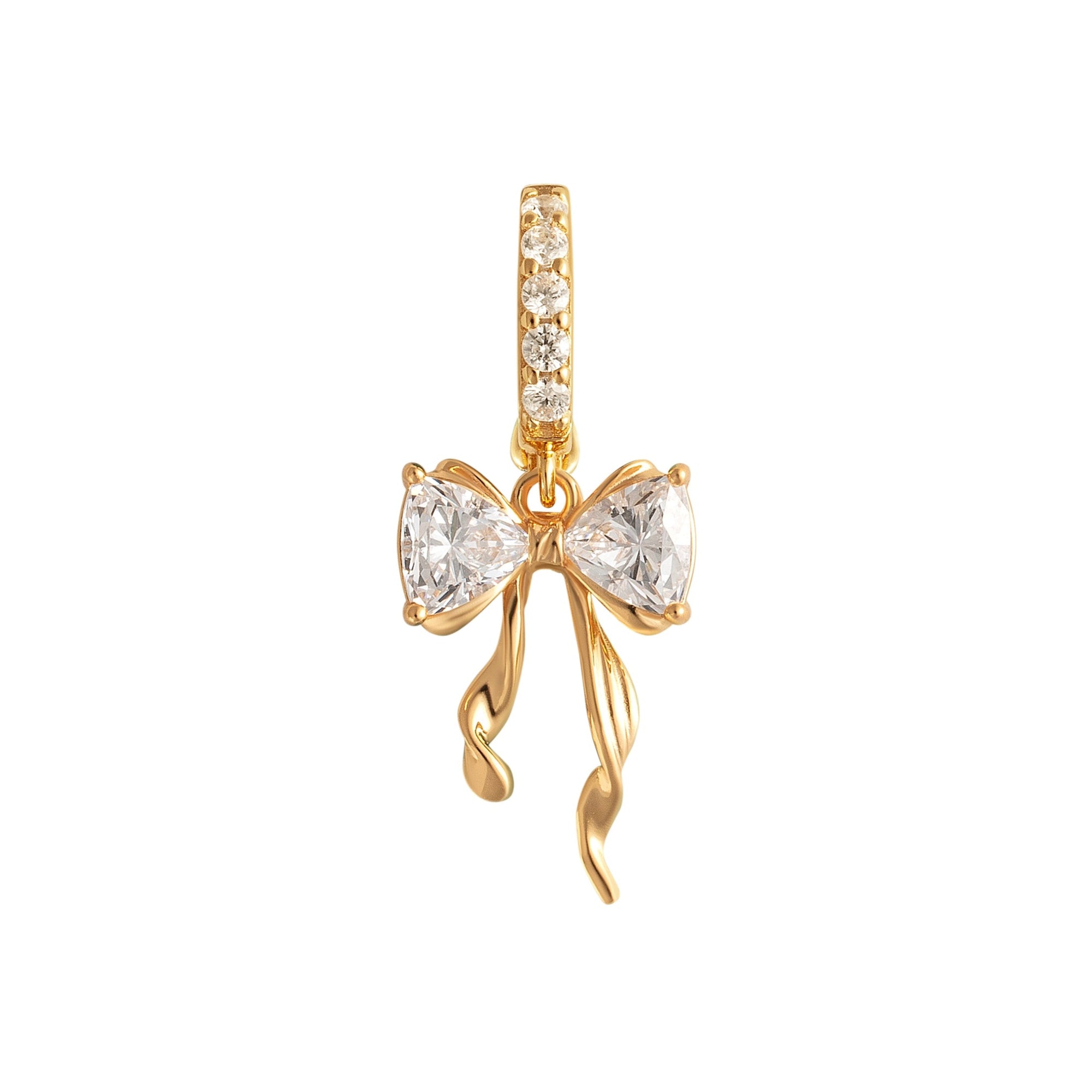Gold bow-shaped pendant with clear gemstones on a white background