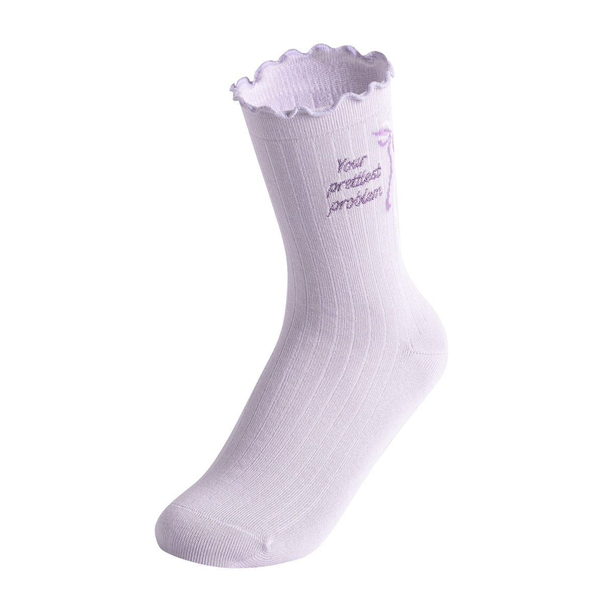 White sock with scalloped edge and text on a white background