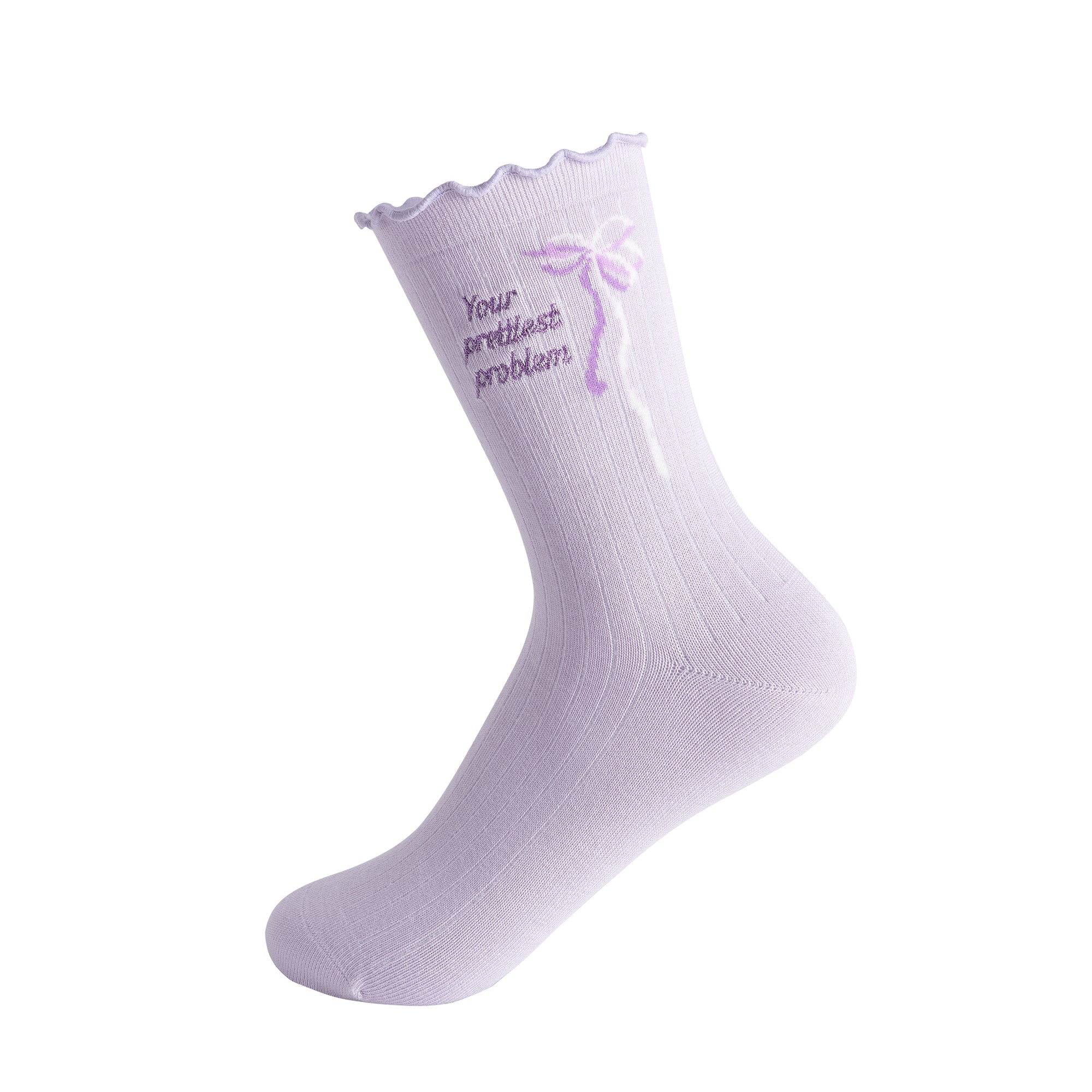White sock with purple text and bow design on a white background