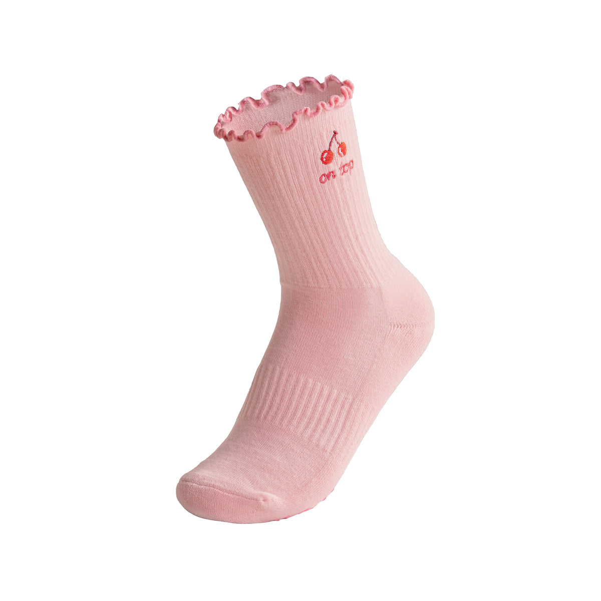 Pink sock with decorative top on a white background