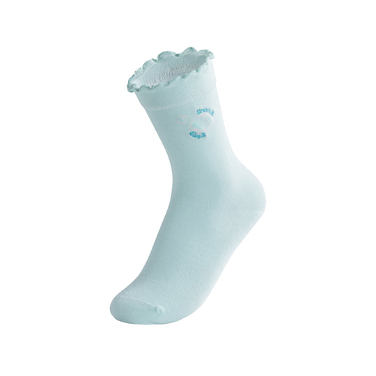 Light blue sock with lace top on a white background